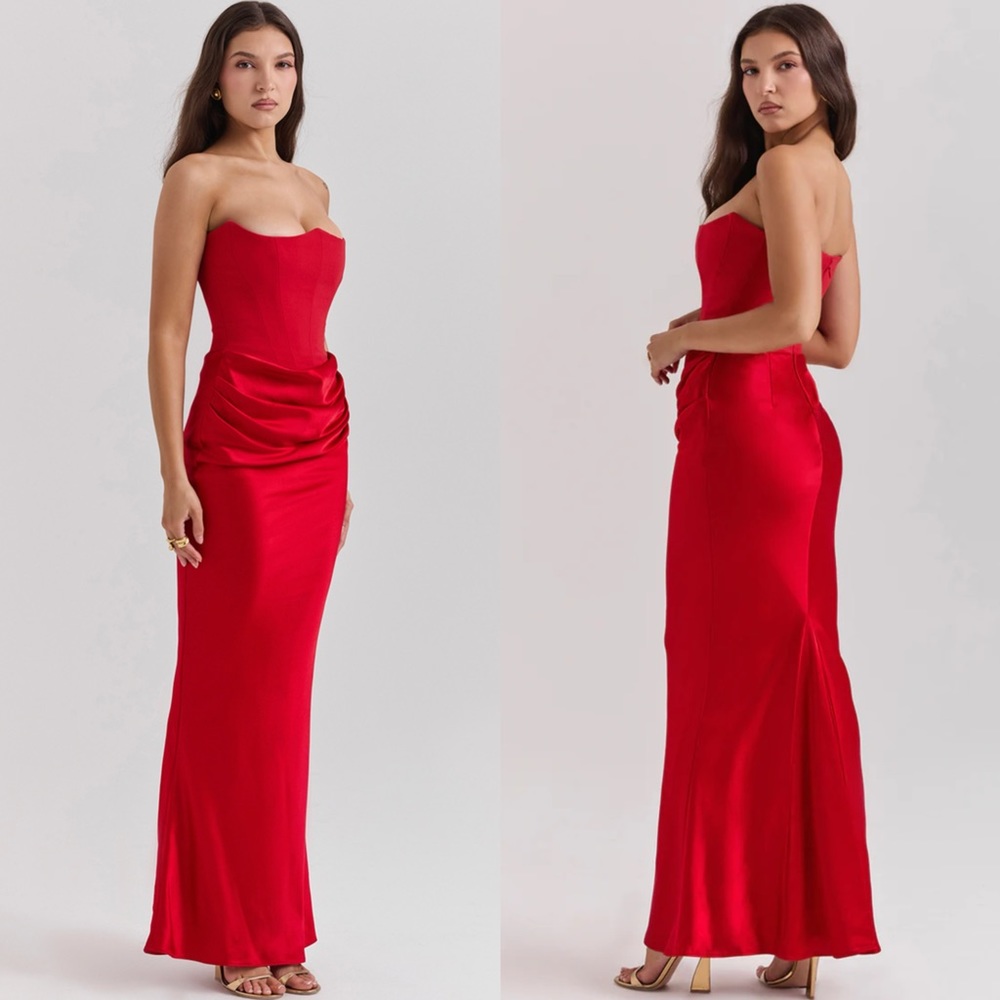 HOUSE OF CB 'Persephone' Scarlet Red Strapless Corset Maxi Dress - Picture 2 of 4